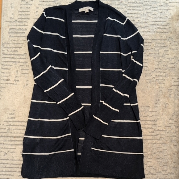 LOFT Navy and White Striped Cardigan - Picture 2 of 6